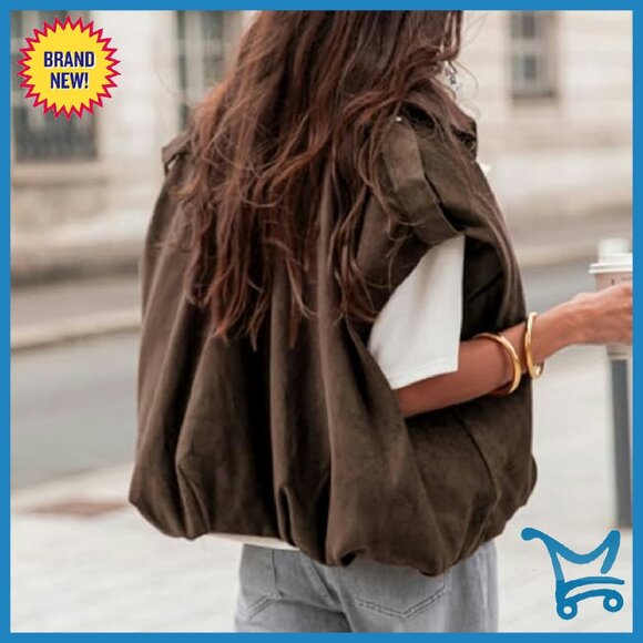 Faux Suede Cropped Bomber Vest, Oversized Fit, Lapel Collar, Zip Closure - Picture 7 of 8